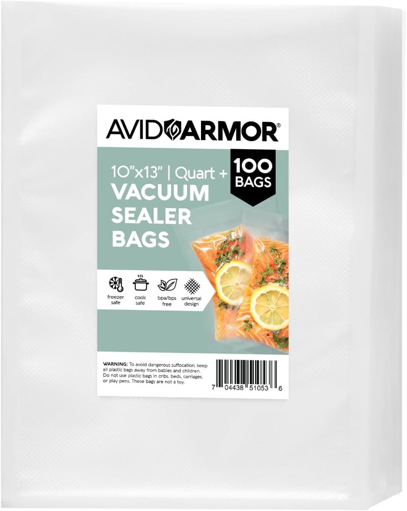 Avid Armor Vacuum Sealer Bags QUART PLUS Size 10"x13" 100 Pack for Food Saver and Seal A Meal Vac Sealers BPA Free Commercial Grade Sous Vide Vaccume Safe, Heavy Duty Universal Precut Storage Bag - Image 1